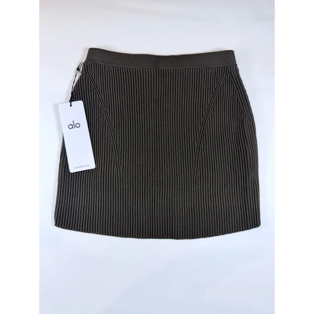 Alo Yoga Denim Knit High-Waist Skirt Women Small Espresso Ribbed Athletic